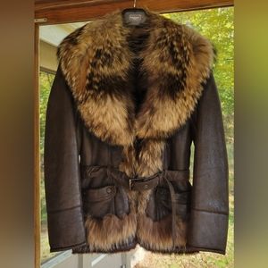 A&A Vesa Lambskin Shearling Jacket with Raccoon Collar and Trim, size 40